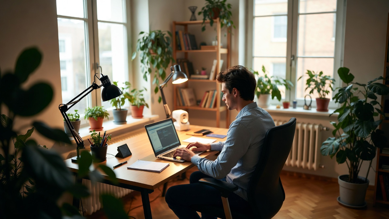 [16:9] Successful freelancer working from home office + Person at desk with laptop, organized workspace, plants, natural light + Realistic style, professional photography, business aesthetic + Natural daylight, warm lighting, clean and organized + Wide angle, workspace composition, professional framing + High quality, professional photography, authentic freelance lifestyle