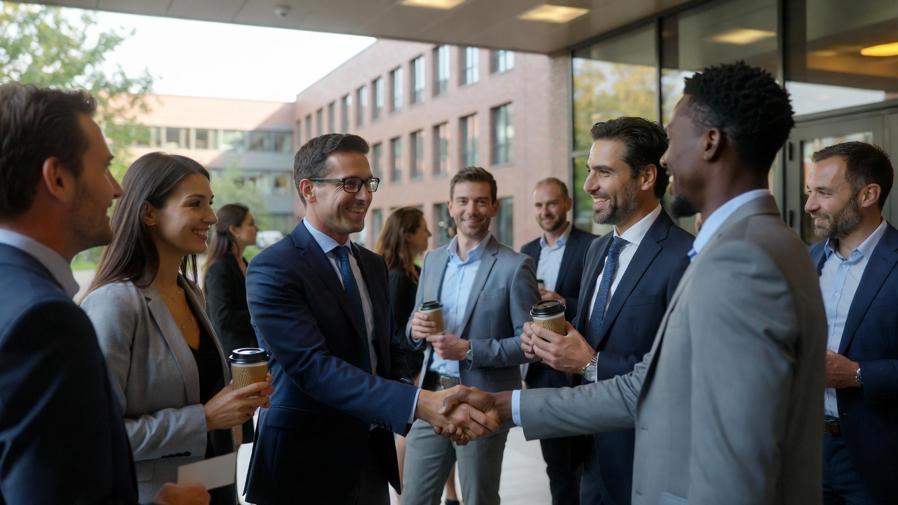 [16:9] Professional networking meeting + People shaking hands, business cards exchange, collaborative atmosphere + Realistic style, professional photography, business networking aesthetic + Natural daylight, professional lighting, warm atmosphere + Wide angle, group composition, networking framing + High quality, professional photography, authentic business networking