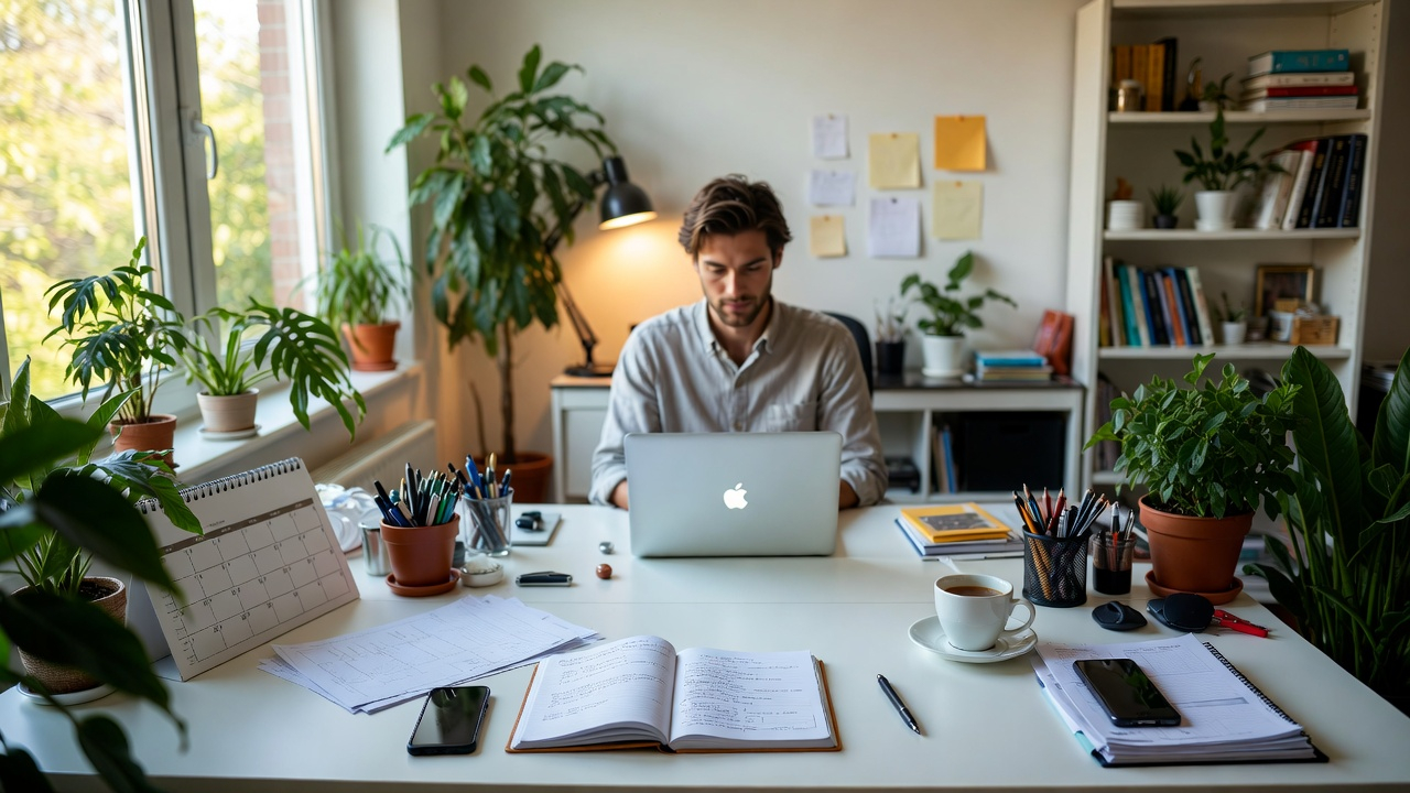 [16:9] Organized freelance workspace with productivity tools + Desk with laptop, calendar, notes, coffee, organized setup + Realistic style, lifestyle photography, professional aesthetic + Natural daylight, clean lighting, organized atmosphere + Wide angle, workspace composition, productivity framing + High quality, professional photography, authentic freelance setup